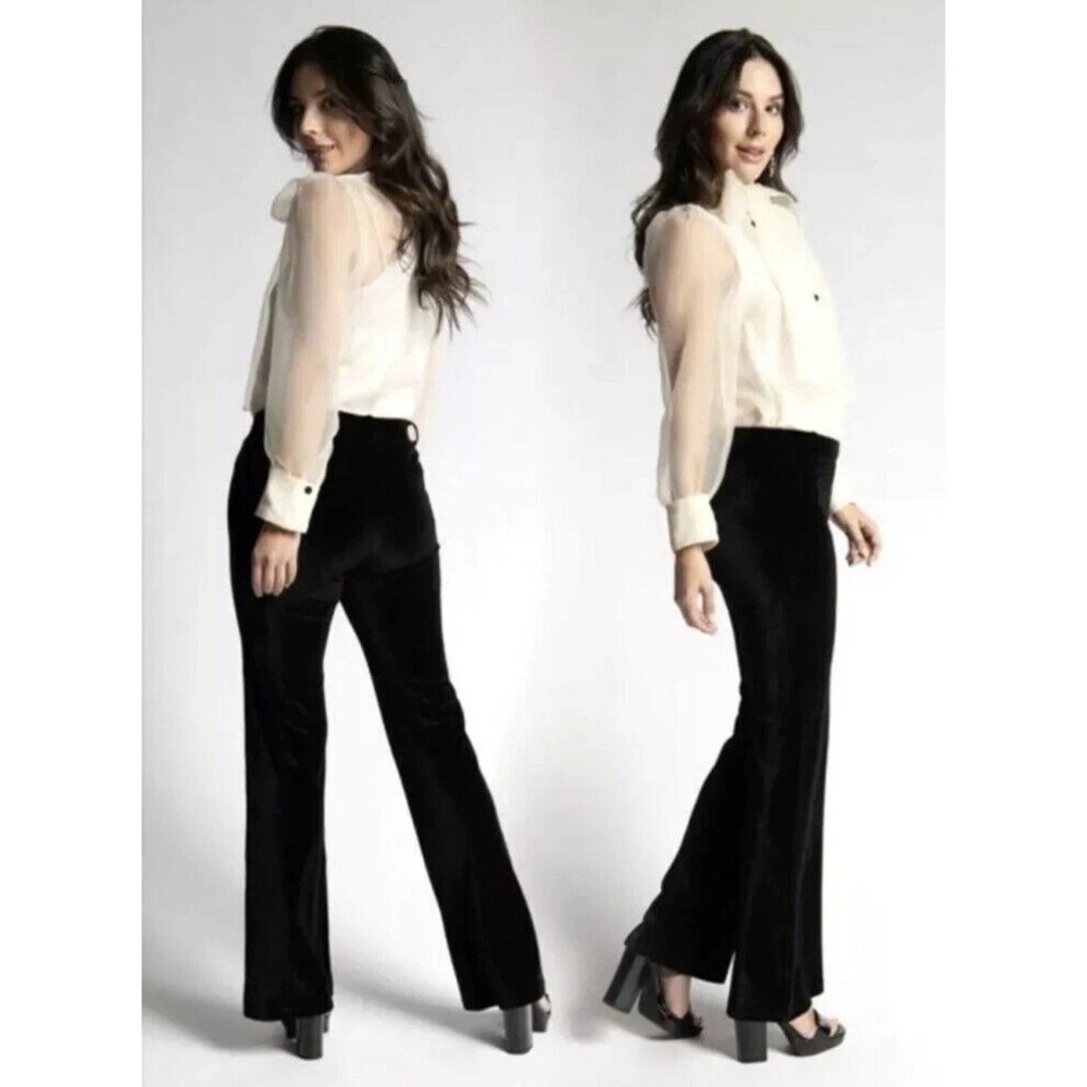 Betabrand Pants Womens Medium Petite Black Velvet Wide Leg Flare Trousers